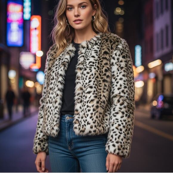 BB Dakota Womens Wild Thing Jacket S Black Tan Leopard Soft Faux Fur Glam Chic - Picture 1 of 16